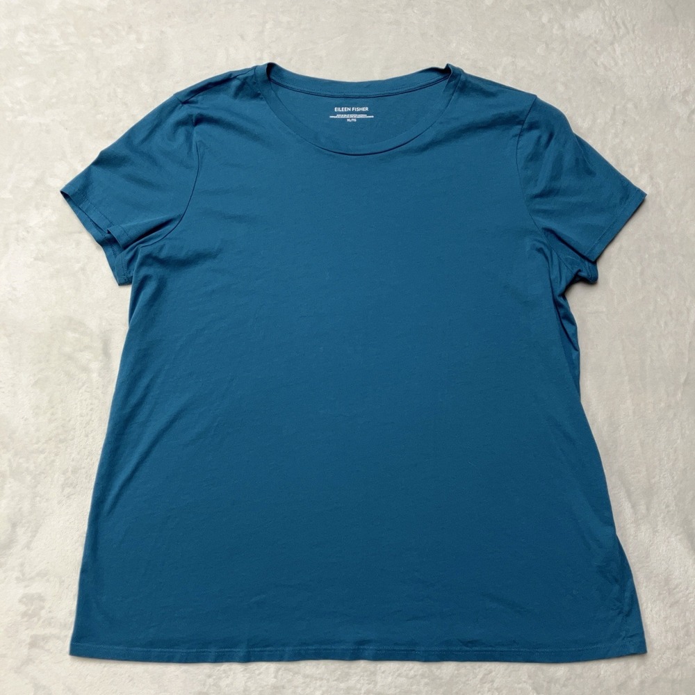 EILEEN FISHER T-Shirt XL Organic Cotton Stretch Jersey Tee Cap Sleeve Blue USA
